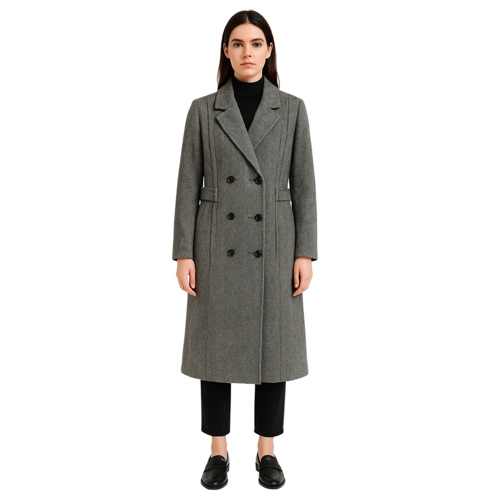 NOBLE‎ FASHIONS 80s Wool Double Breasted Gray Herringbone Coat Dark Academia